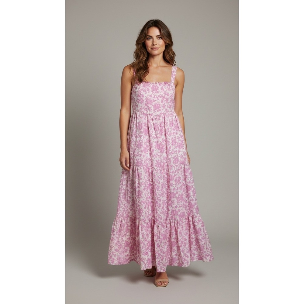 Pink Floral Tiered Maxi Dress Tie Back Cutout Prairiecore Sundress